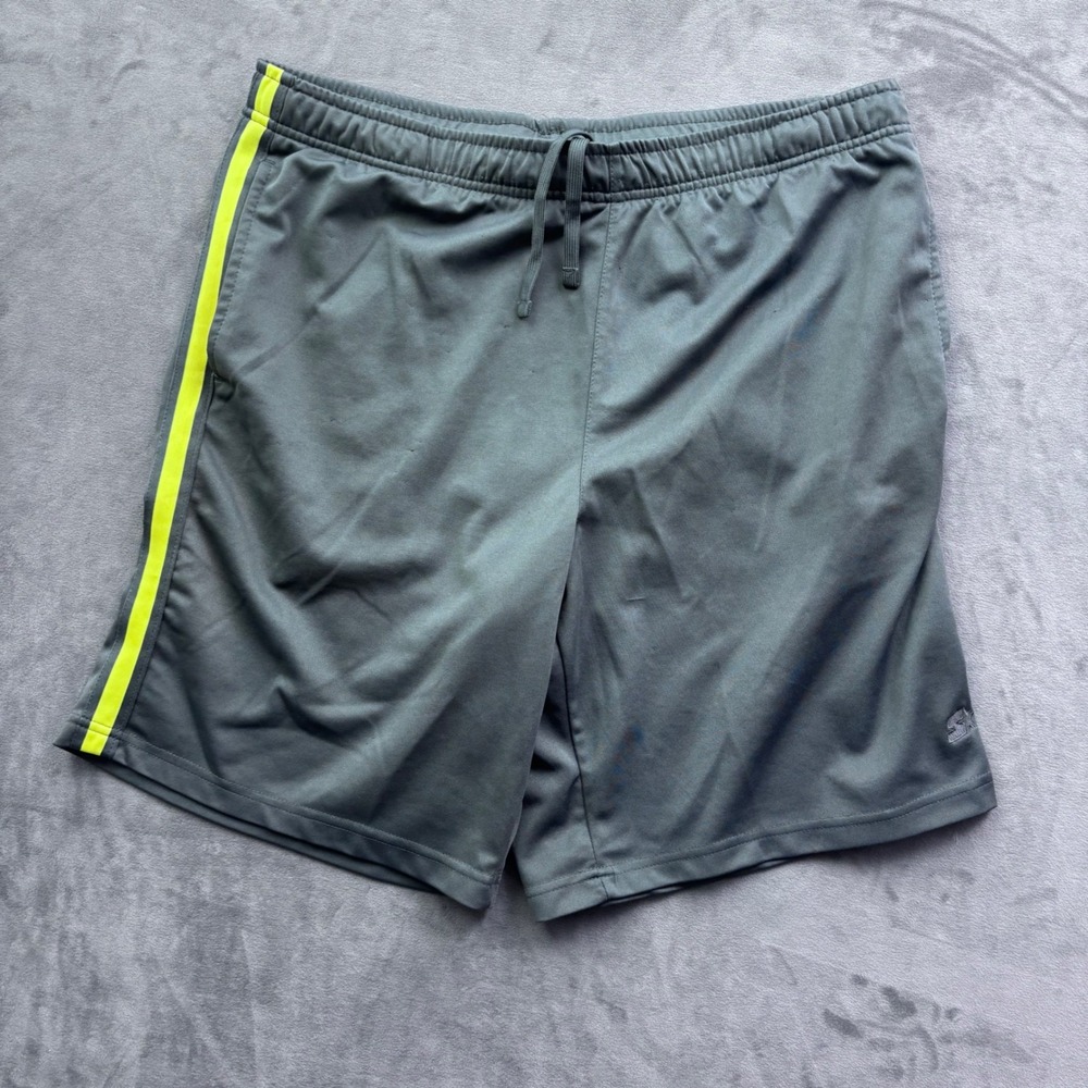 Starter Mens Athletic Shorts Gray Neon Yellow Stripe Size M GYSTON
